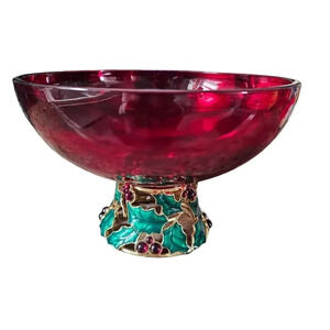 Teleflora Christmas Centerpiece Bowl Vase Red Glass Enameled Holly Berry Holiday
